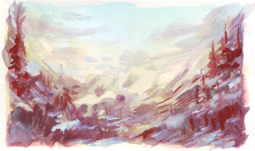 Paesaggio invernale astratto realizzato a gouache